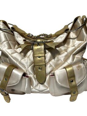 My Flat In London Y2K Quilted Satin Shoulder Bag / Gold Accents /Crown Detail